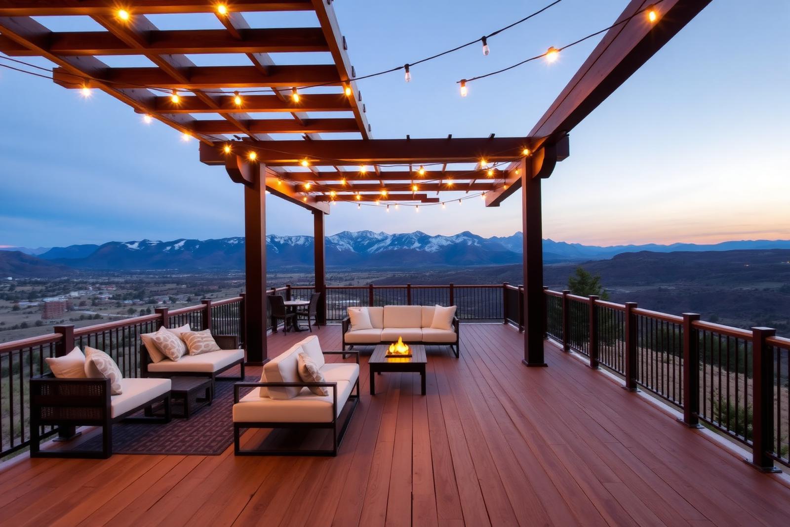 Wooden deck with pergola and string lights