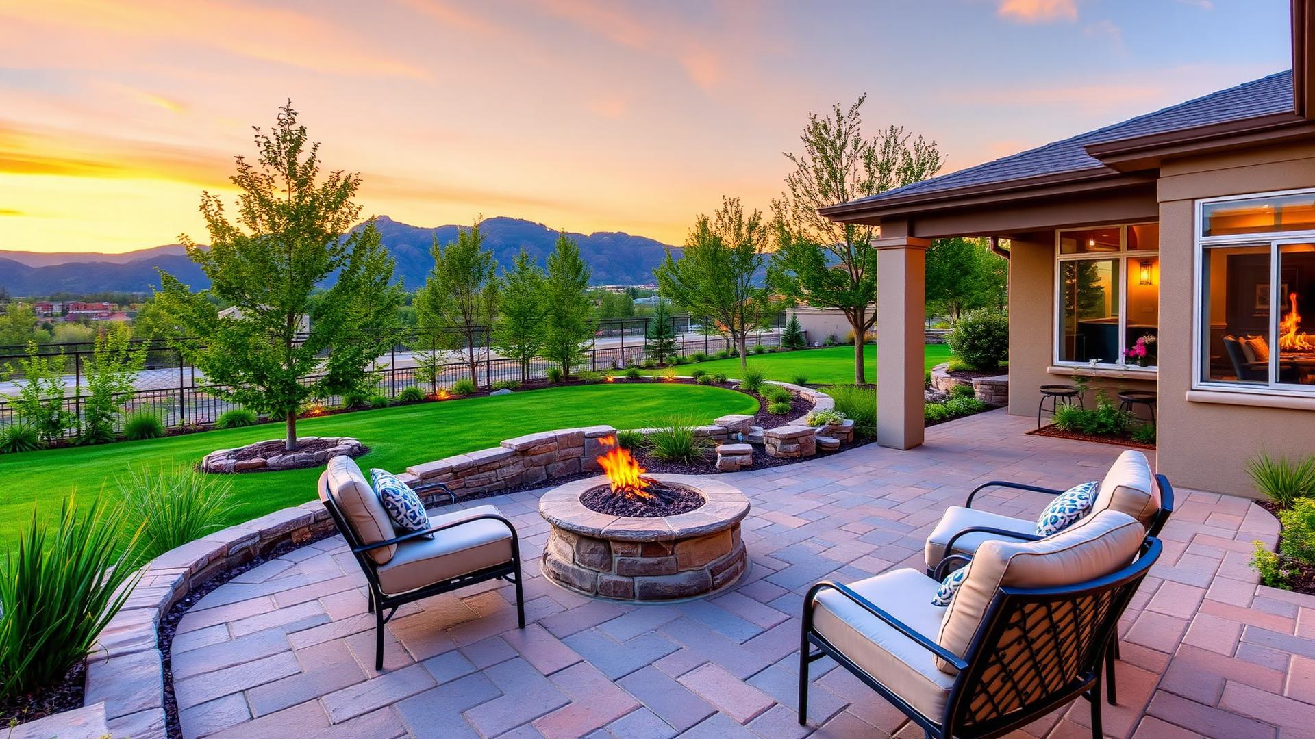 Backyard design with stone patio and fire pit