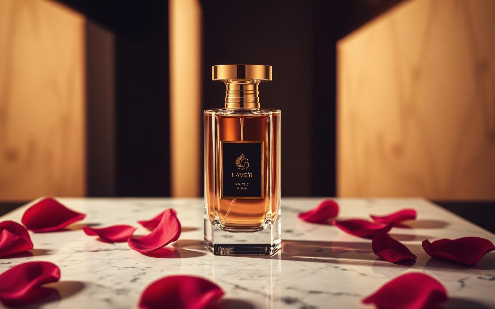 Amber luxury perfume bottle on marble