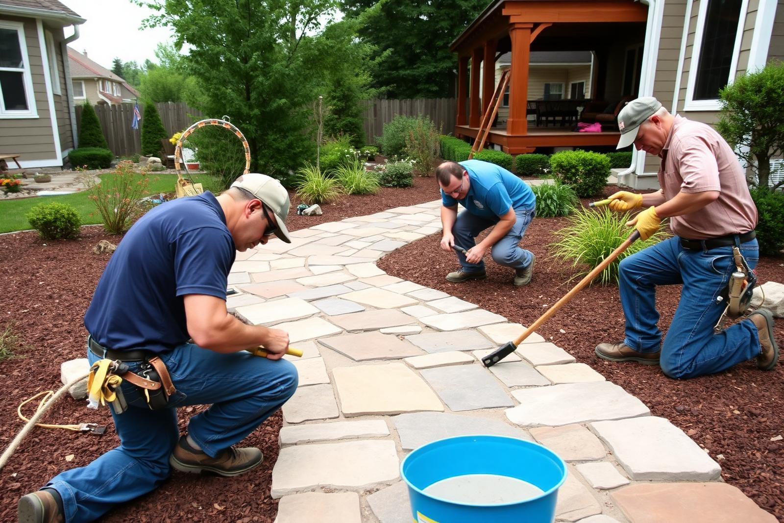 Crew installing flagstone walkway