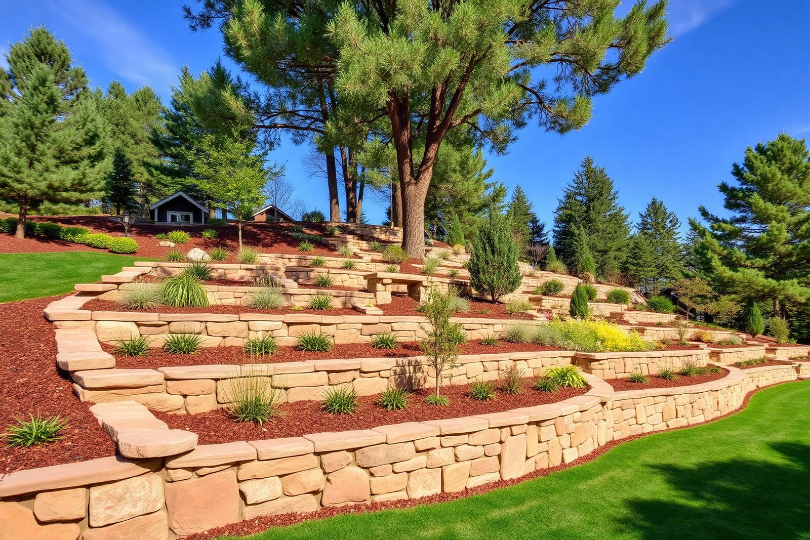 Stone retaining wall and tiered landscape